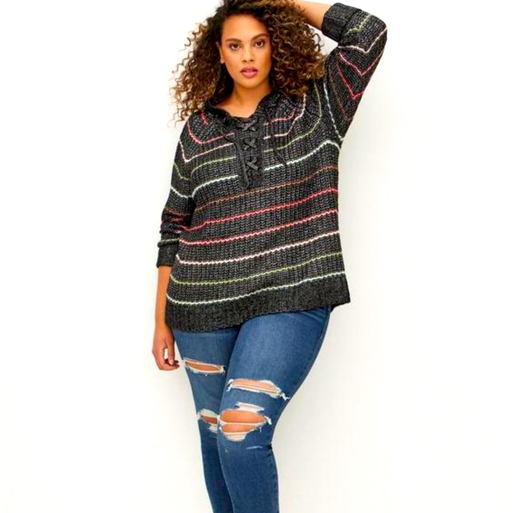 Torrid Chunky Pullover Hooded Raglan Sweater Rainbow Stripe 3x